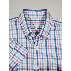 Peter Millar Crown Shirt Button Down Mens Large Blue Plaid  Cotton Silk Casual